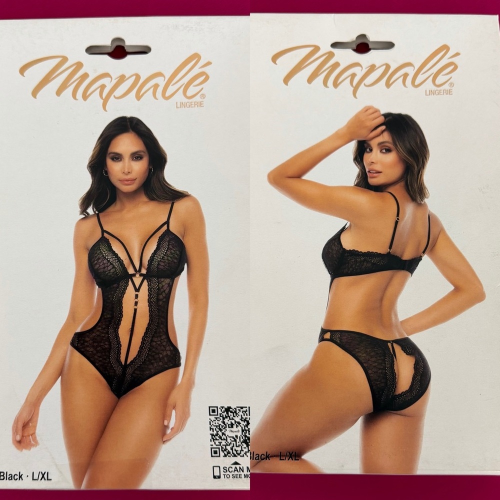 Mapalé Black Lace Strappy Teddy Paris Bodysuit/Lingerie L/XL NIB